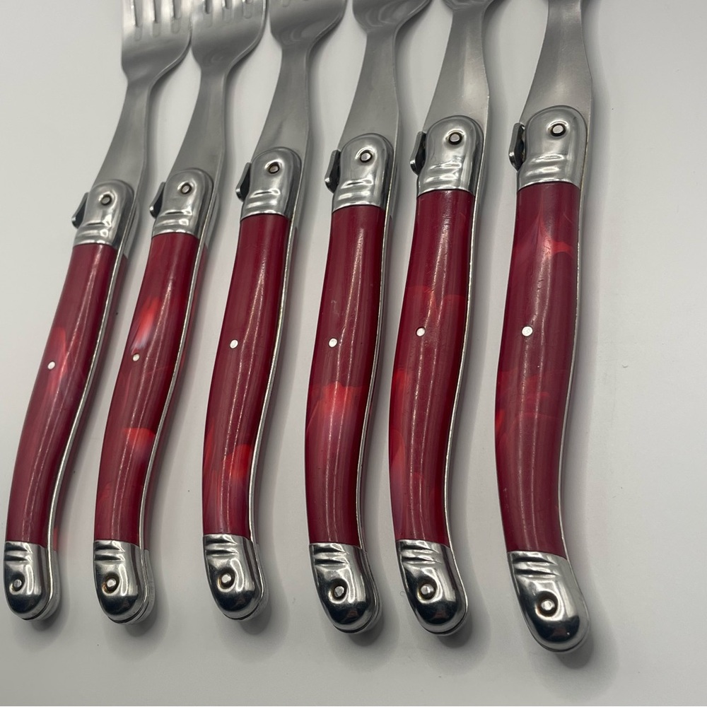 Laguiole Production Acier Inox Set of 6 Forks Red Handles Bee Cutlery - Picture 5 of 10